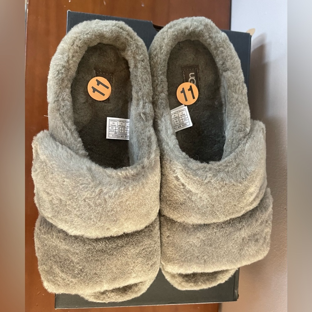 UGG BURNT OLIVE FLUFF THAT SHEEPWOOL SLIDE SLIPPERS, MEN US 11/ EUR 44